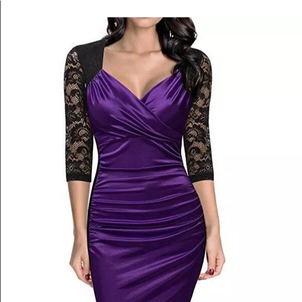 Miuso Large V-neck  Lace Purple Dress